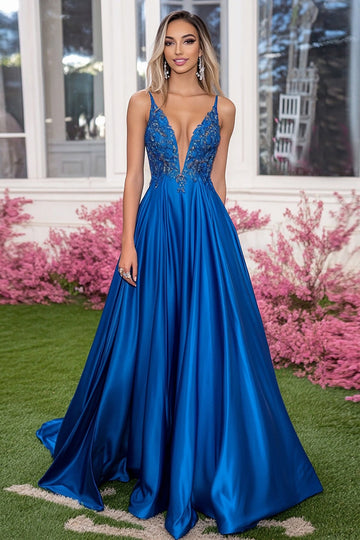 Robe de bal en satin à appliques à col en V profond bleu royal scintillant avec paillettes